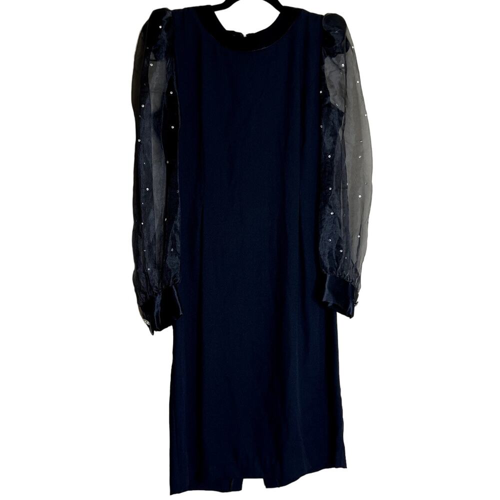 Vintage Michael Marcella Black Party Dress Sheer Beaded Sleeves 14 - Picture 2 of 13